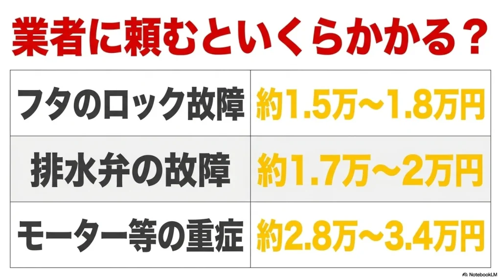 洗濯機のフタのロック故障、排水弁の故障、モーター等の重症部品交換時にかかるプロの修理費用相場をまとめた目安表