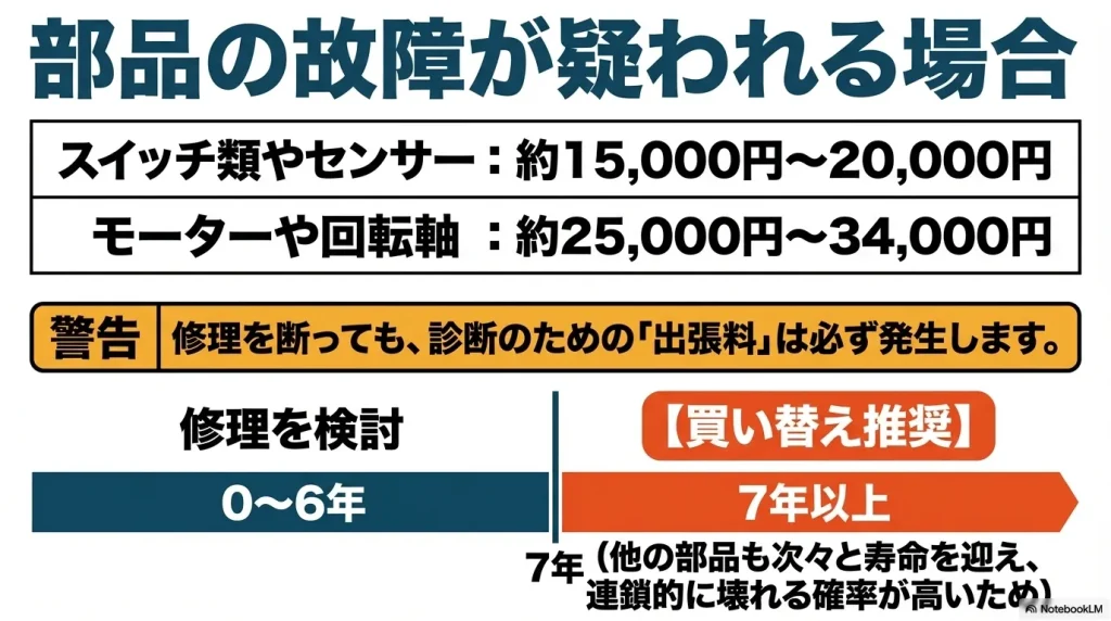 スイッチやモーターなどの修理費用の目安と、購入から7年以上経過した場合の買い替え推奨基準
