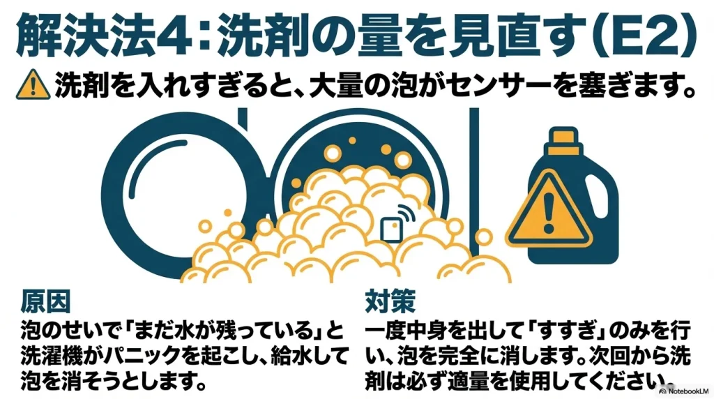 洗剤を入れすぎると大量の泡がセンサーを塞ぎ、水が残っていると誤検知する原因の解説