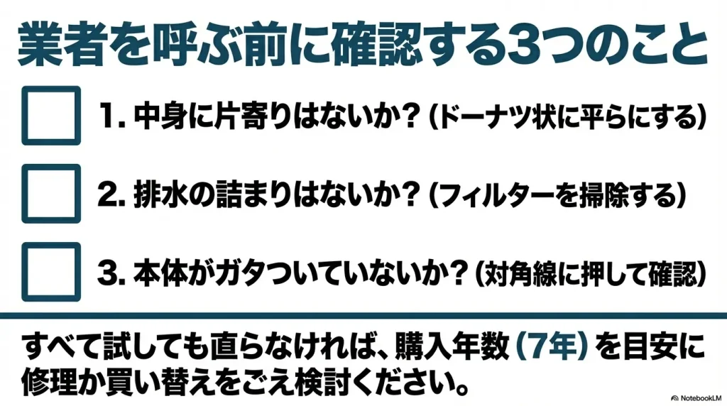 修理業者を呼ぶ前に確認する3つのポイント（片寄り、排水の詰まり、本体のガタつき）のまとめ
