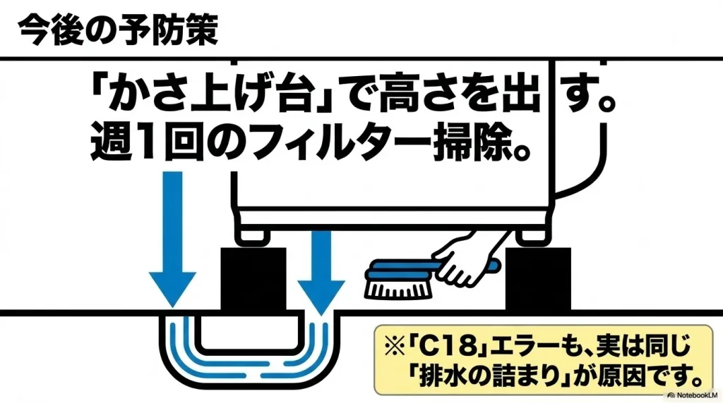 かさ上げ台での高さ確保や週1回の糸くずフィルター掃除などの予防策