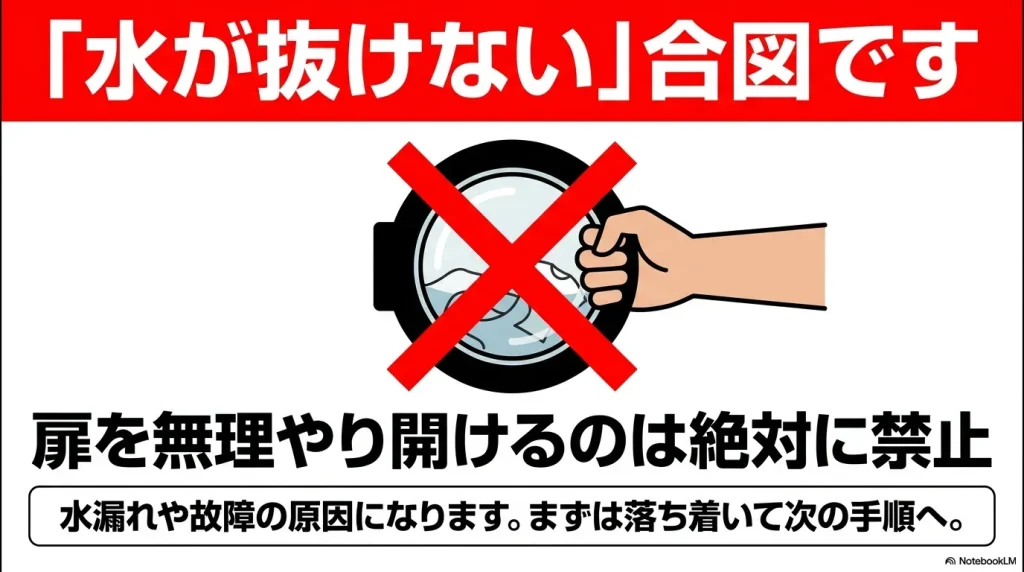 水が抜けない状態での扉の無理な開放は水漏れや故障の原因になるため禁止