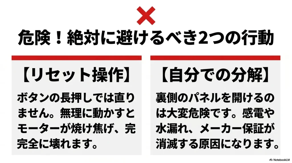 EP3エラー発生時のNG行動であるリセット操作の連発と、自力での分解の危険性を警告するスライド