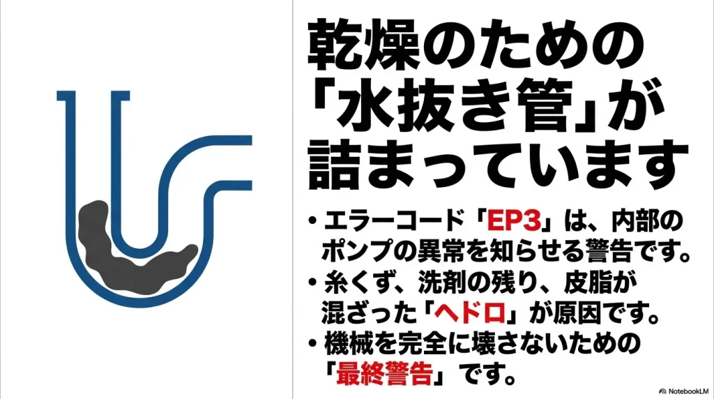 EP3エラーの原因である水抜き管のヘドロ詰まりと内部ポンプ異常の図解
