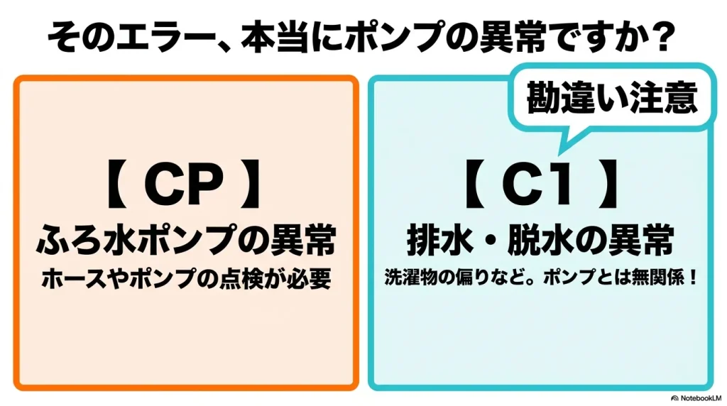 勘違いしやすいエラーの解説。CPはふろ水ポンプの異常で点検が必要、C1は排水や脱水の異常でポンプとは無関係であるという説明