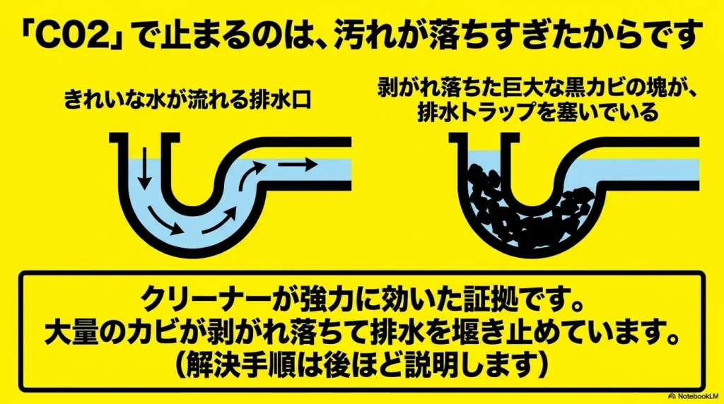 槽洗浄のクリーナー効果で剥がれ落ちた巨大な黒カビの塊が、洗濯機下部の排水トラップに詰まってC02エラーを引き起こす断面図解。