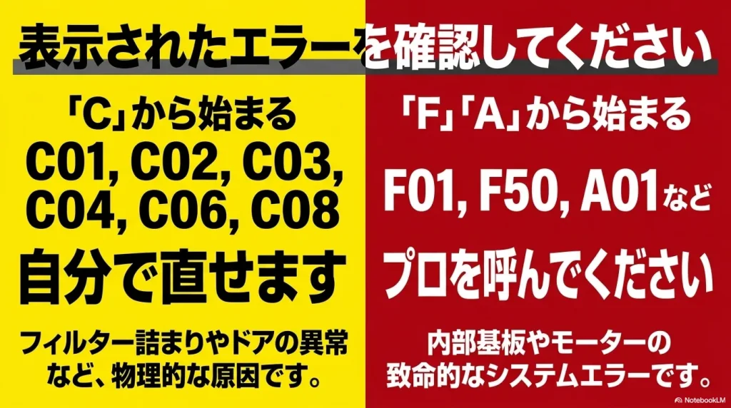 洗濯機のエラーコードについて、C02などのC系は自分で対処可能、F01などのF系やA系は内部基板等の致命的エラーで修理が必要という一覧。