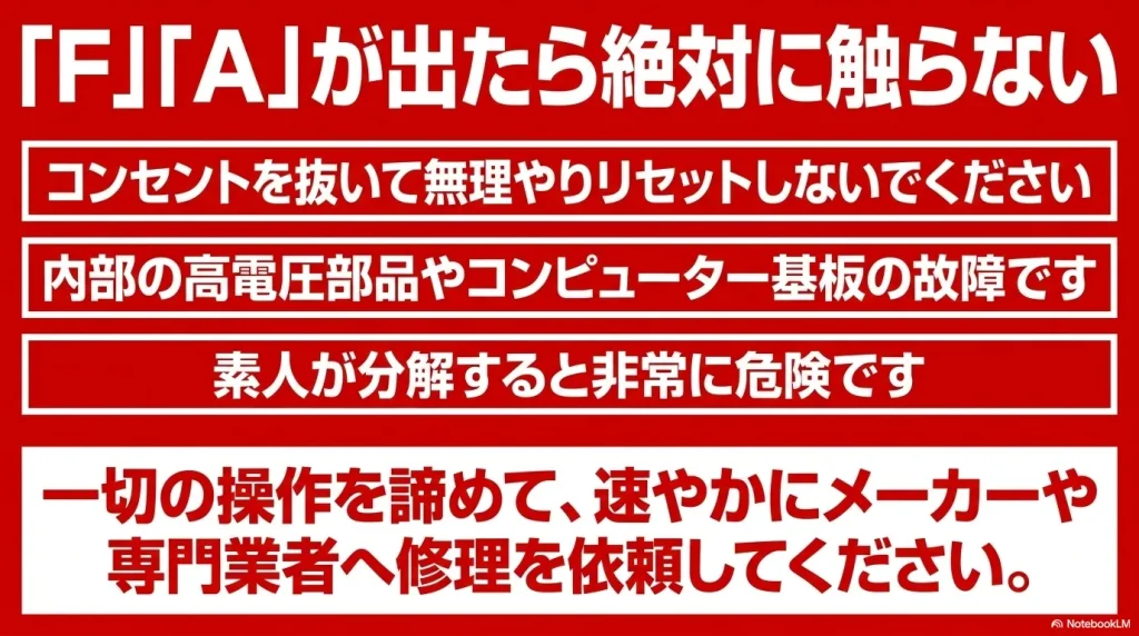F01などのFやAから始まるエラーは内部基板などの故障であり、感電の危険があるため素人が触らず速やかに修理依頼すべきという警告。
