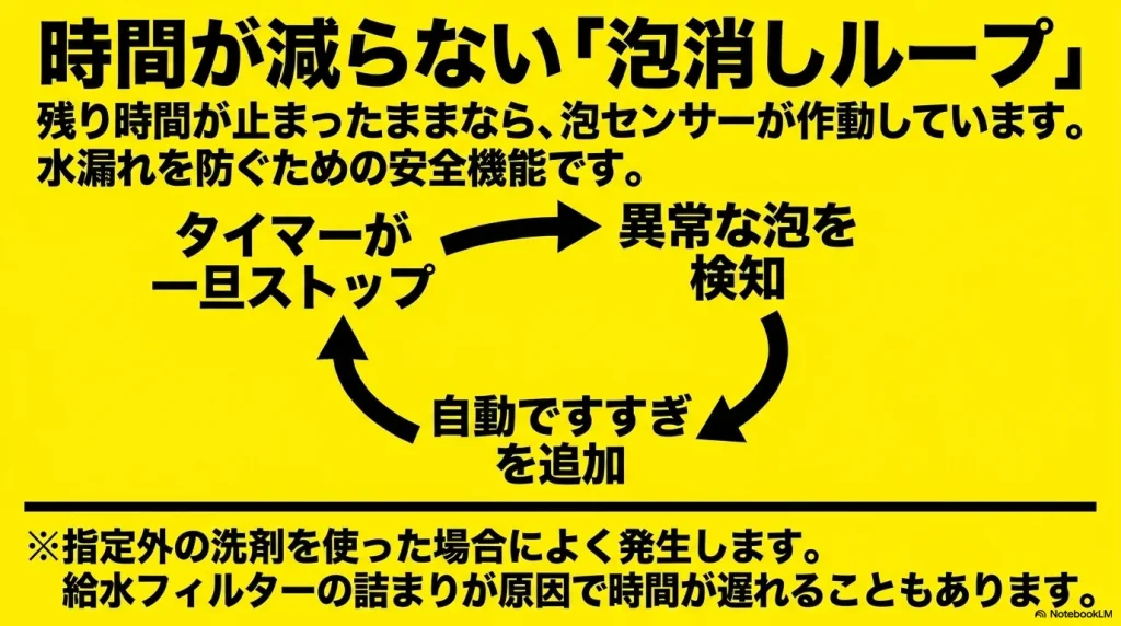 槽内に異常な泡が発生した際、洗濯機の泡センサーが検知して自動ですすぎを追加するため、残り時間が止まる「泡消しループ」の図解。