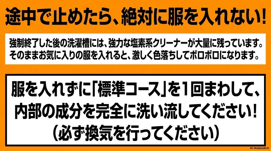 槽洗浄を強制終了した洗濯槽内には強力な塩素系クリーナーが残留しているため、絶対に服を入れず、標準コースで内部成分を完全に洗い流す必要があるという注意喚起。