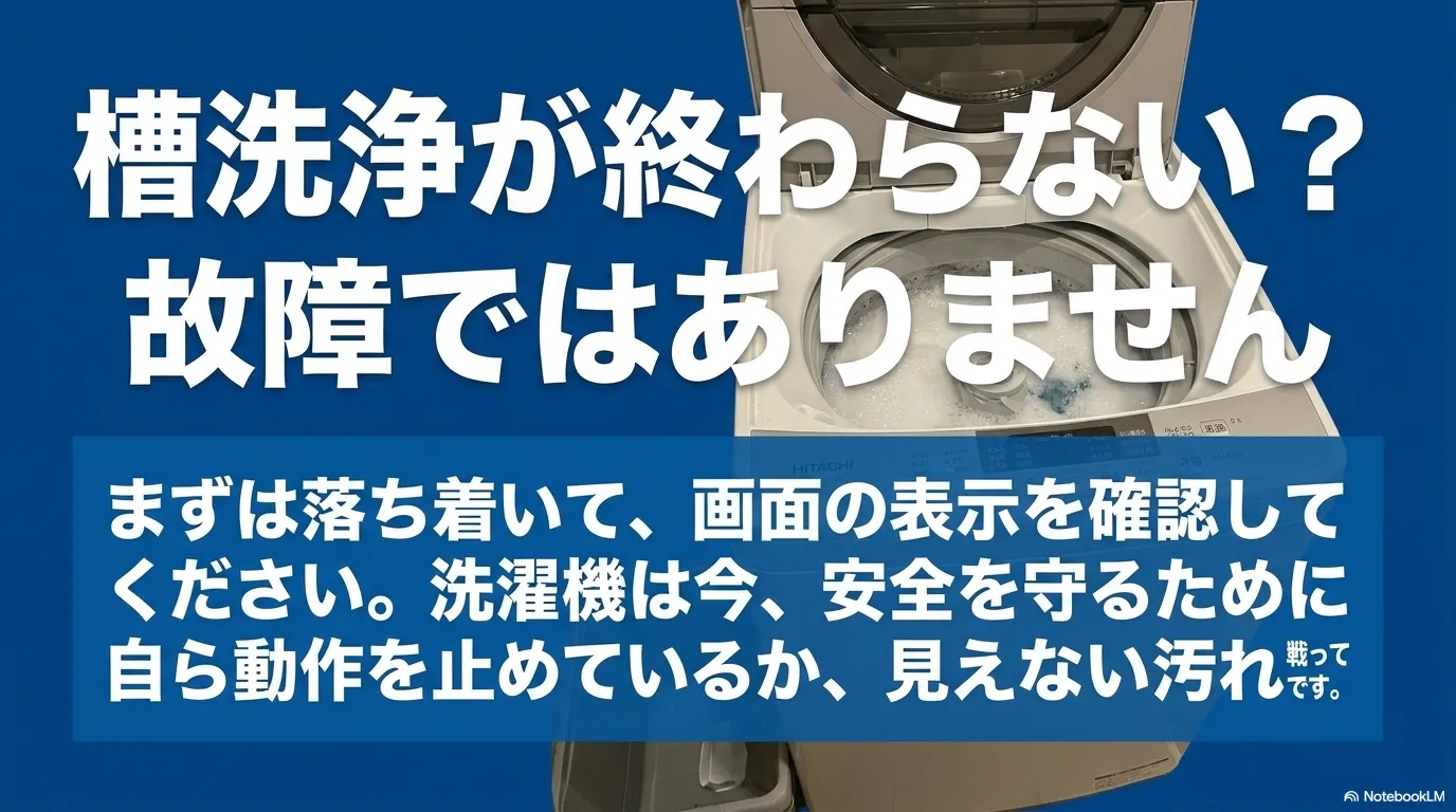 日立の洗濯機で槽洗浄が終わらない・時間が減らない現象は故障ではなく、安全機能や浸け置きのサインである可能性を解説。