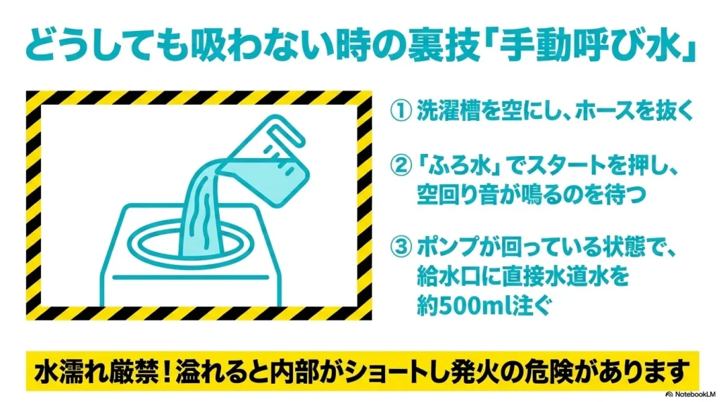 手動呼び水の手順。洗濯槽を空にしてホースを抜き、ふろ水でスタートして空回り音が鳴ったら、給水口に直接水道水を約500ml注ぐ裏技