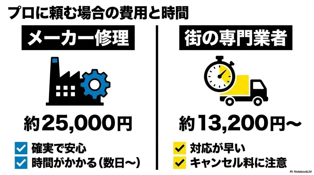 メーカー修理は確実だが時間がかかる、専門業者は対応が