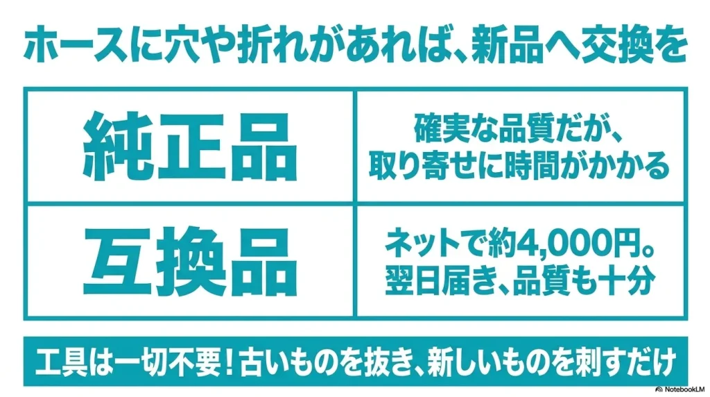 ホースに穴や折れがある場合の交換について。純正品は確実だが時間がかかり、互換品はネットで約4,000円と安価で品質も十分であるという比較