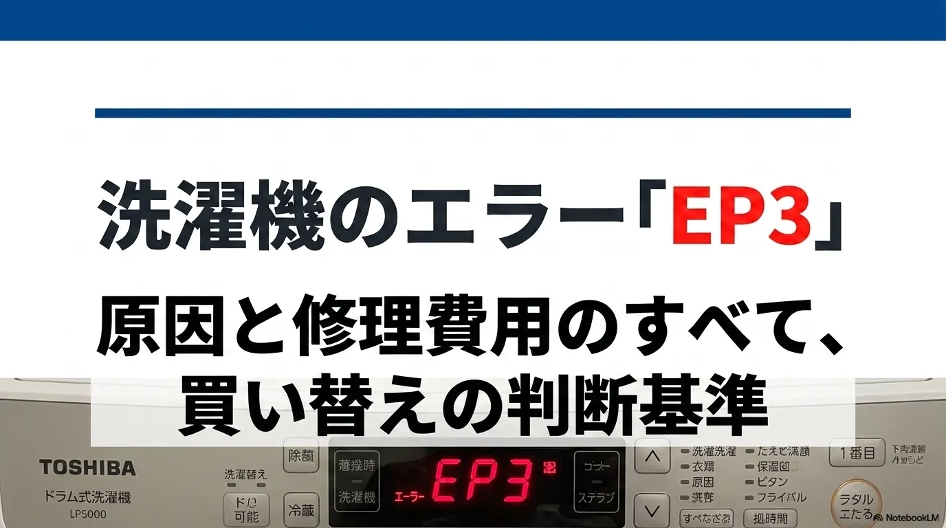 東芝洗濯機のエラーEP3の原因、修理費用、買い替えの判断基準を解説するスライド表紙東芝洗濯機のエラーEP3の原因、修理費用、買い替えの判断基準を解説するスライド表紙