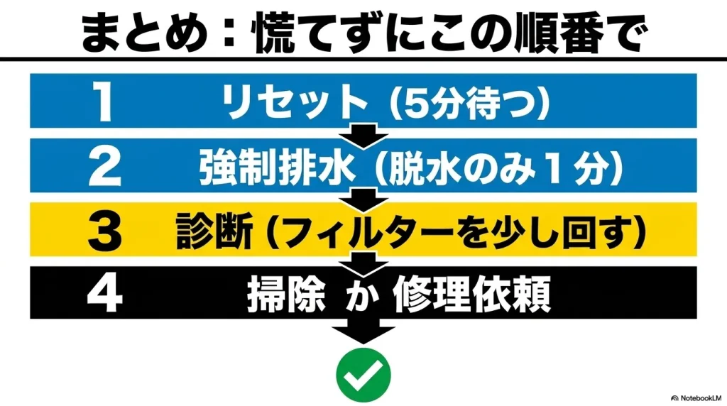 リセット、強制排水、診断テスト、掃除または修理依頼の4ステップ