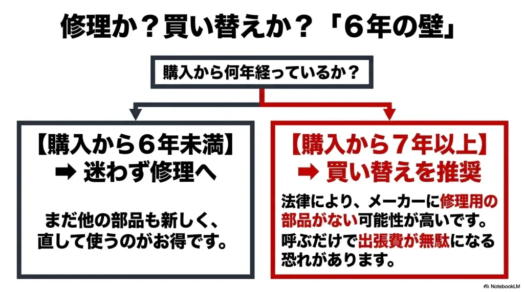 洗濯機購入から6年未満は修理、7年以上は部品がない可能性が高いため買い替えを推奨する判断基準