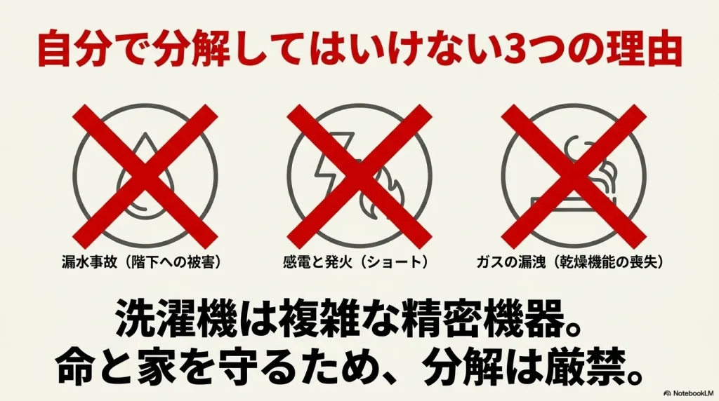 一般人による洗濯機の完全分解がもたらす漏水・感電・ガス漏洩の3つの重大リスク