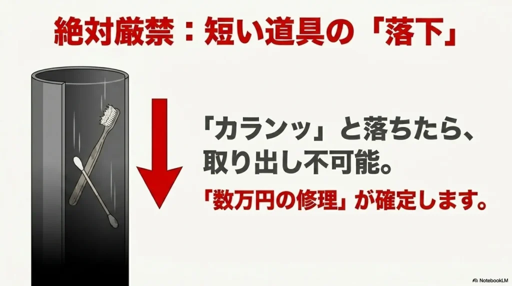 乾燥フィルター奥へ短い歯ブラシや綿棒が落下してしまう修理確定のリスク図解