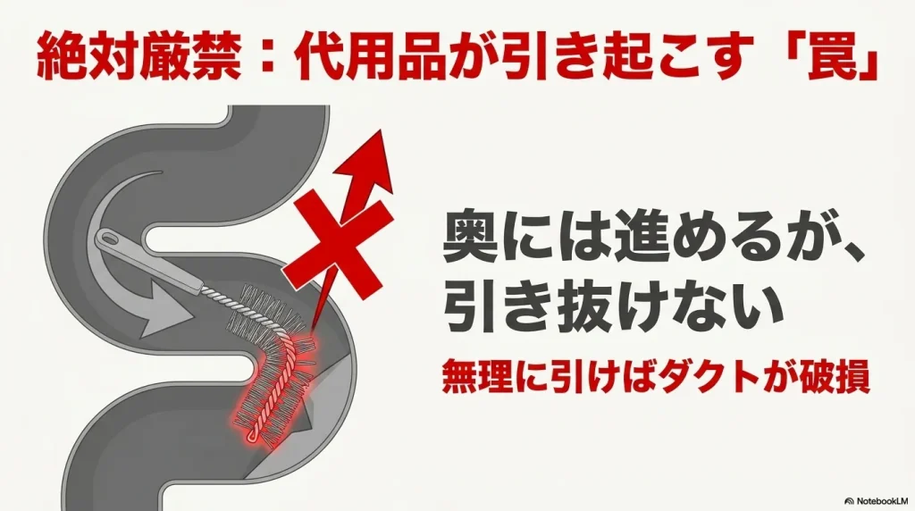 100均のワイヤーブラシ等の代用品がS字ダクトで引き抜けなくなるトラップ現象の図解