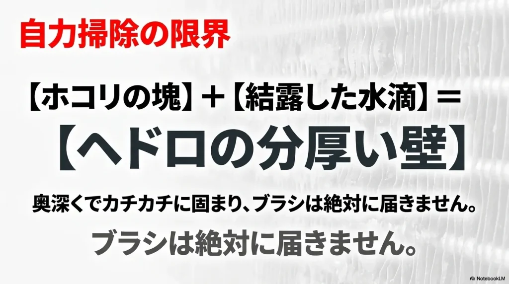 ホコリの塊と結露した水滴が混ざりブラシが届かないヒートポンプ奥でヘドロの壁になる構造