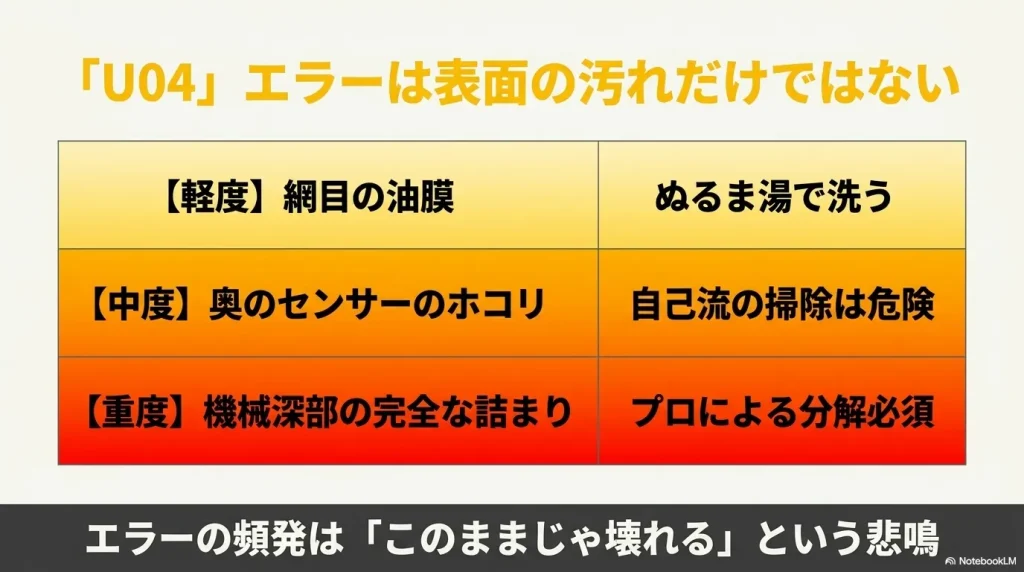 U04エラーが表面の汚れだけでなくセンサーや機械深部の詰まりを示す警告であることの解説