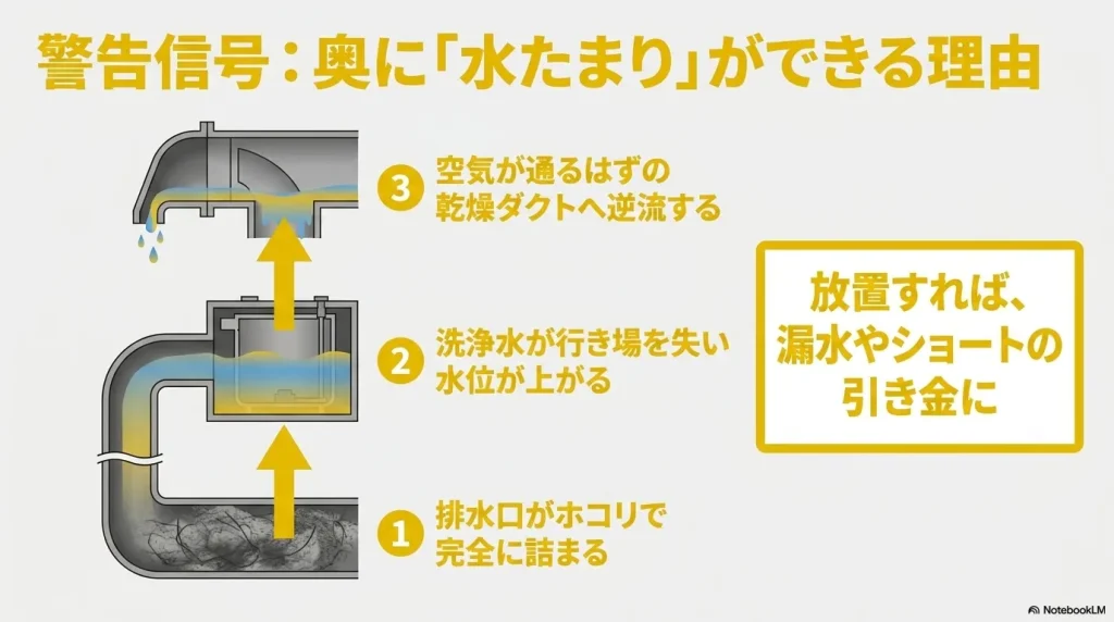 ホコリ詰まりにより行き場を失った洗浄水が乾燥ダクトへ逆流して水たまりができるメカニズム